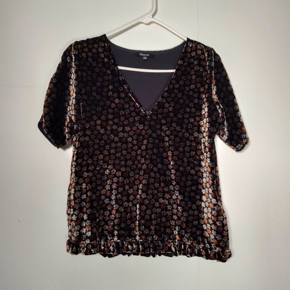 Madewell Velvet Tulip Sleeve Ruffle Top Burnout True Black Floral Blouse XS